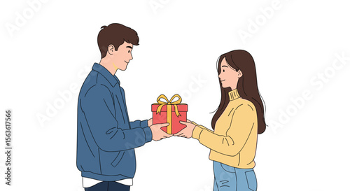 A young man thoughtfully presents a wrapped gift box tied with a gold ribbon to a young woman who receives it with gratitude