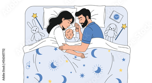 A peaceful family sleeping together in bed under a starry blanket