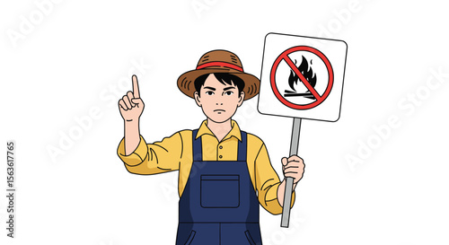 Farmer holding a sign indicating no open fires due to drought conditions and fire risk awareness campaign