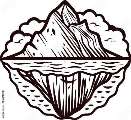 Hand drawn iceberg floating in ocean with underwater part vintage monochrome sketch illustration