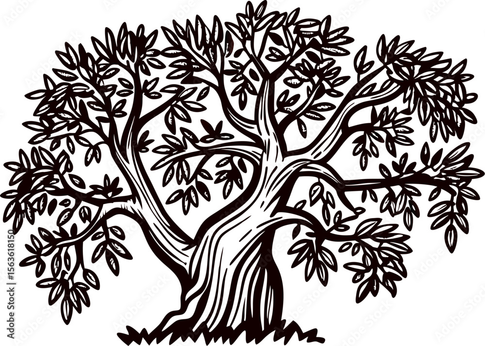 Fototapeta premium Intricate hand drawn olive tree with twisted trunk and leafy branches isolated on white background engraving