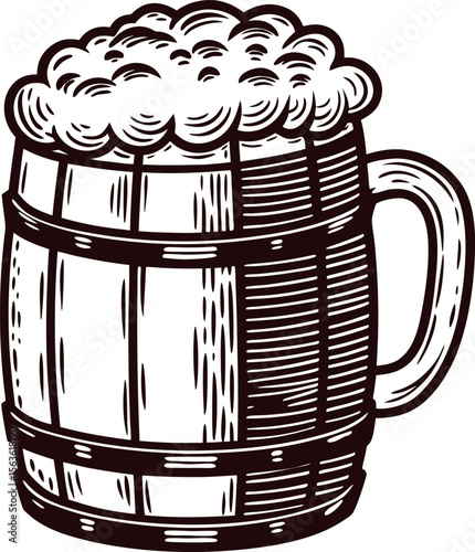 Hand drawn wooden beer mug filled with foam vintage engraved pub drink illustration isolated on white background