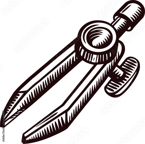 Hand drawn vintage metal caliper illustration with mechanical screw knob for measuring precision tools