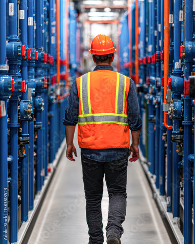 A worker wearing an orange safety vest and hard hat walks down a narrow industrial corridor lined with blue pipes and valves.