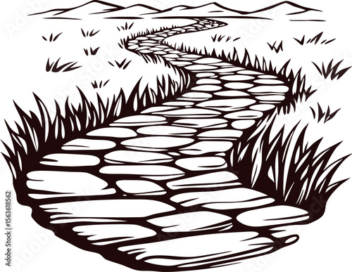 Curved stone pathway sketch with tall grass and distant hills, black and white  landscape illustration