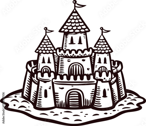 Hand drawn sandcastle illustration with towers and flags on sandy surface isolated on white background
