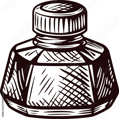 Vintage engraving of glass ink bottle with textured lid isolated on white background hand drawn  illustration