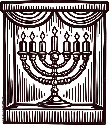 Vintage engraving of a candelabrum with seven candles displayed in an ornate curtained alcove