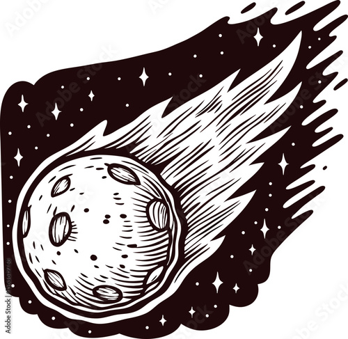 Retro illustration of a meteorite flying through space with stars and motion trail detailed in hand drawn lines