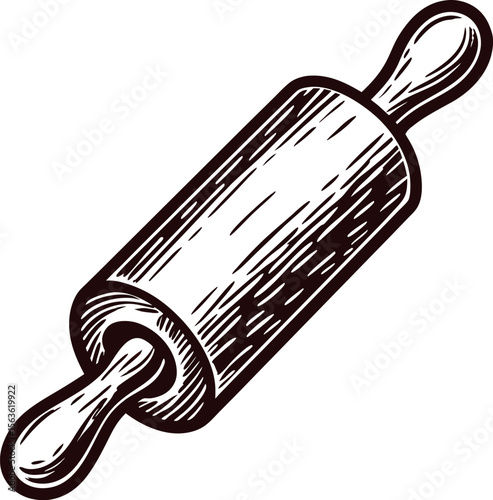 Hand drawn wooden rolling pin with handles isolated on white background vintage kitchen utensil sketch illustration