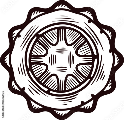 Hand drawn vintage gear illustration with circular mechanical shape and engraved texture on white background