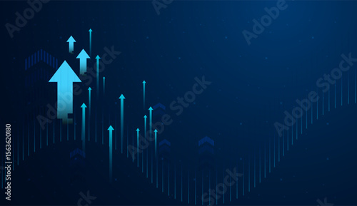 Multiple smaller arrows ascend beside the main arrow, representing collective momentum or multiple success factors in motion. and Group of upward arrows against a dark blue background