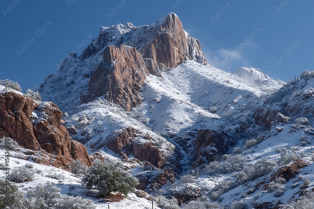 Obraz premium Dynamic red mountain peak with snow under blue sky 