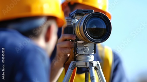 Two construction workers wearing yellow hard hats and safety vests, using a camera to take a photo of a construction site.