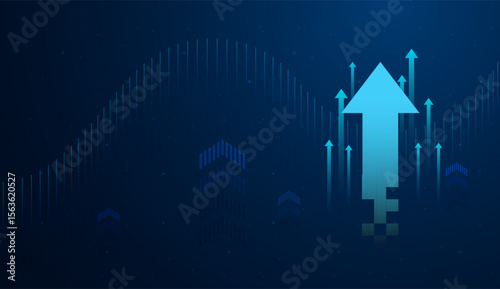 The A large pixel-styled blue arrow points upward, symbolizing strong growth or technological progress in a digital environment. and Group of upward arrows against a dark blue background