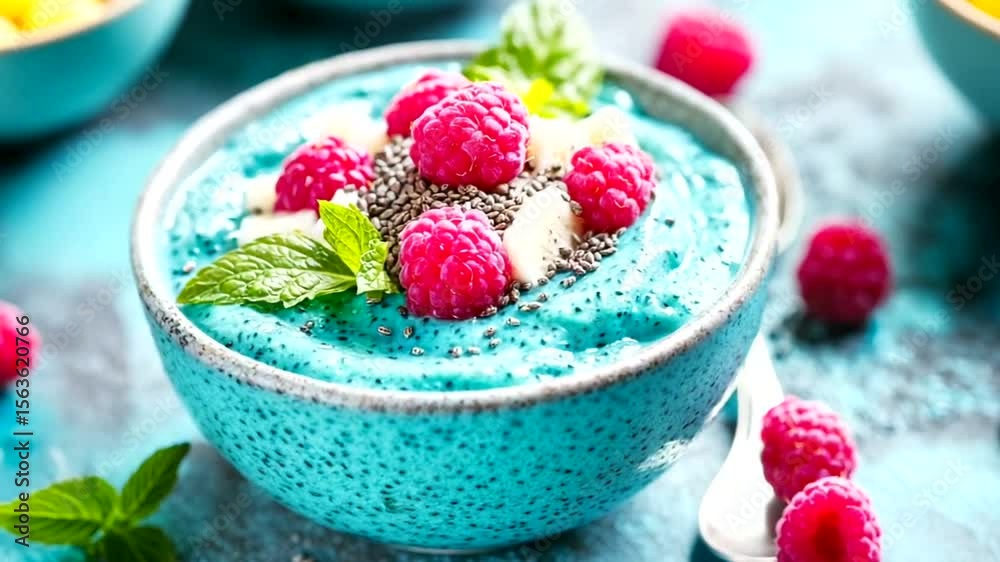 Blue smoothie bowl with raspberries and chia seeds