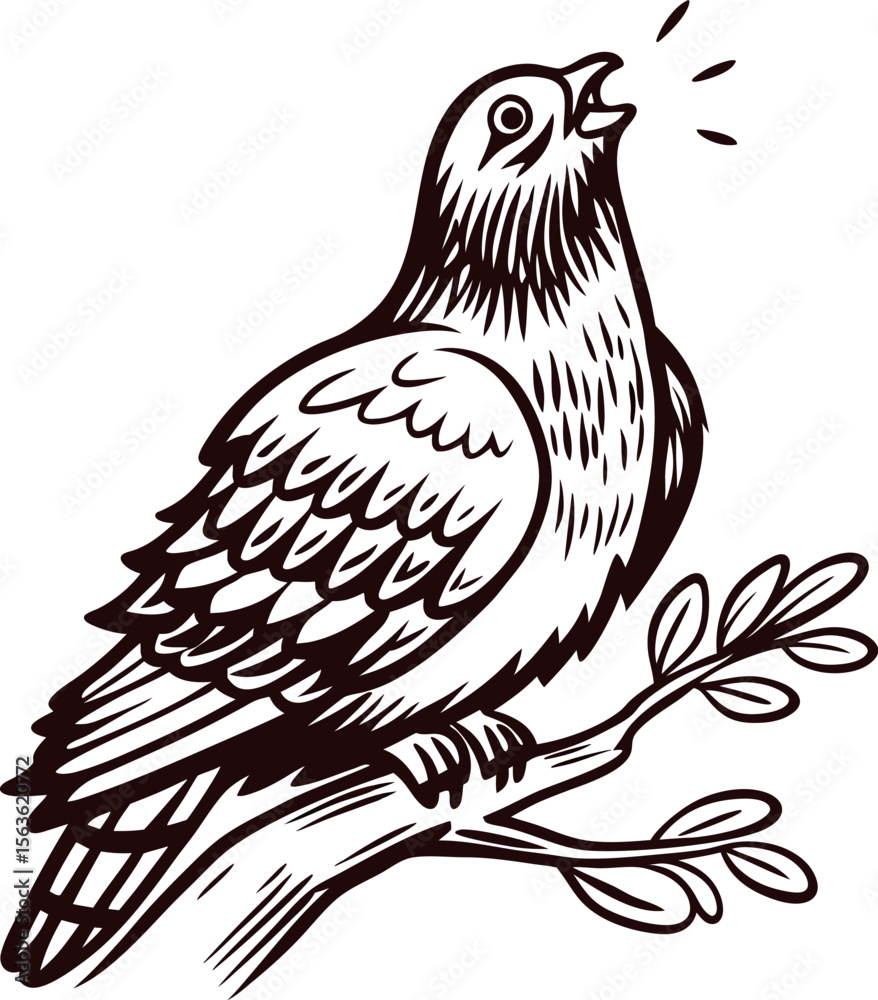 Fototapeta premium Vintage engraved illustration of a singing bird perched on a tree branch, classic hand drawn ink