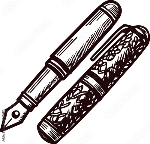 Hand drawn vintage fountain pen with intricate engraved floral pattern and detached cap illustration