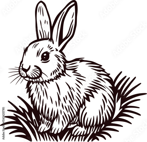 Hand drawn fluffy rabbit sitting in grass black and white vintage engraving illustration