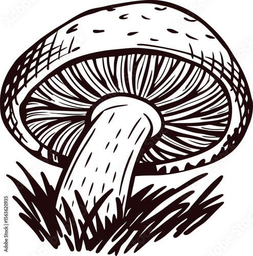 Hand drawn detailed mushroom with grass in vintage engraving illustration