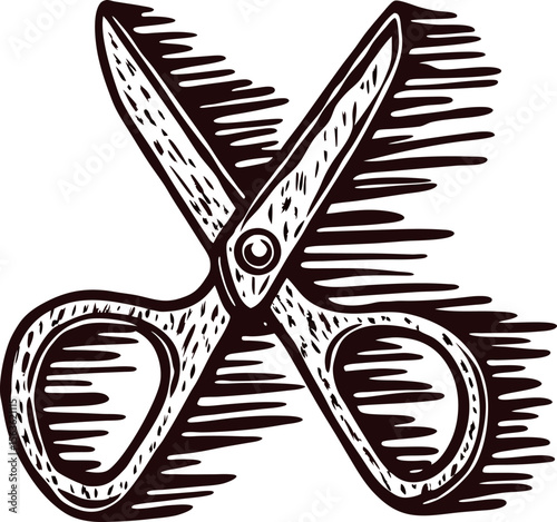 Hand drawn illustration of vintage scissors with engraved shading lines on white background
