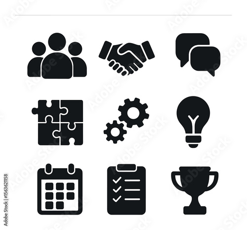 Teamwork Icons Grid. Solid, filled icons set of teamwork and collaboration: group of people, handshake, speech