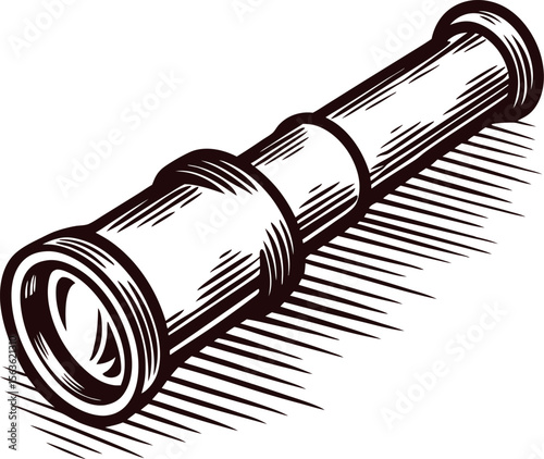 Vintage hand drawn telescope illustration with engraved woodcut shading
