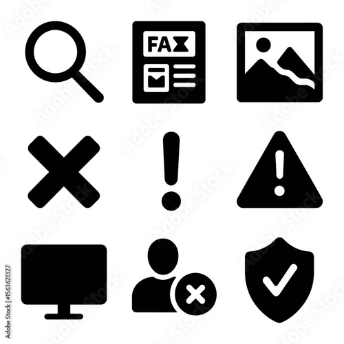 Fake News Detection Icons. Solid, filled icons set of detecting fake news content: magnifying glass, fake