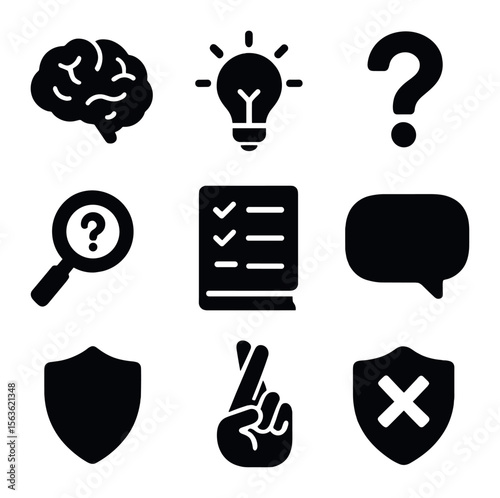 Critical Thinking Icons. Solid, filled icons set of critical thinking against fake news: brain, light bulb,