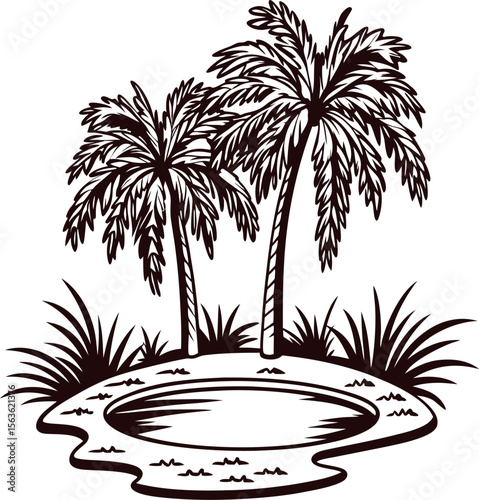 Hand drawn oasis with palm trees and pond in vintage engraving black and white illustration