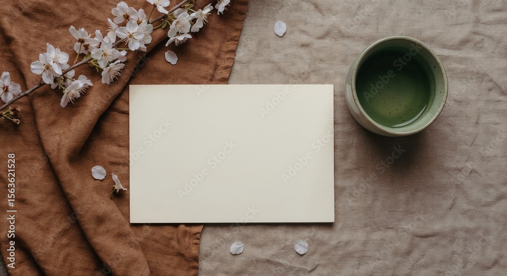 Obraz premium Blank card on textured fabric with green cup and flowers 