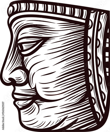 Vintage engraved side profile of ancient tribal face mask with ornamental headband in black and white illustration