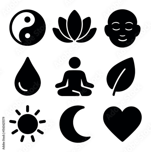 Inner Peace Icons. Solid, filled icons set of inner peace and balance: yin yang, lotus, calm face, water drop,