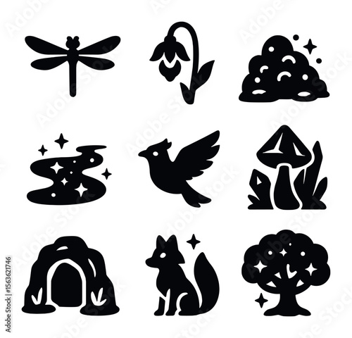 Fantasy Icons Collection. Solid, filled icons set of fantasy plants and creatures in hidden valley: dragonfly,