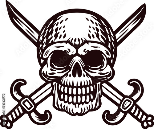 Vintage engraved skull with crossed swords hand drawn pirate emblem illustration in black and white