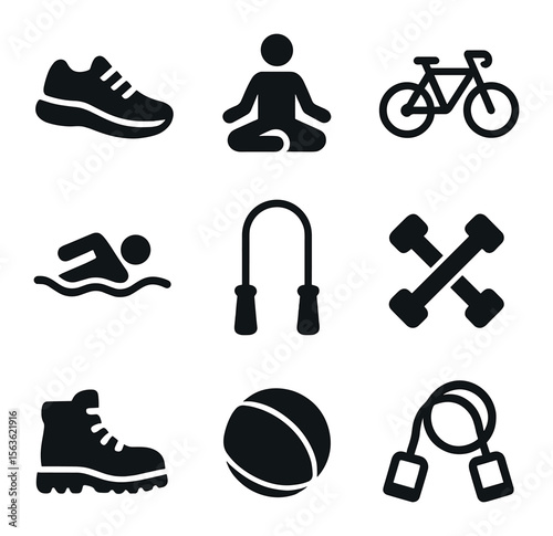 Active Lifestyle Icons. Solid, filled icons set of active family lifestyle: jogging shoes, yoga pose, bicycle,