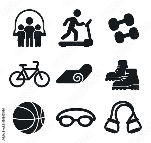 Active Lifestyle Icons. Solid, filled icons set of family group exercise: jump rope, treadmill, dumbbells,