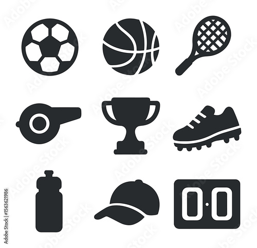 Sports Icon Grid. Solid, filled icons set of sports hobby birthday party: soccer ball, basketball, tennis