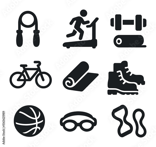 Active Lifestyle Icons. Solid, filled icons set of family group exercise: jump rope, treadmill, dumbbells,