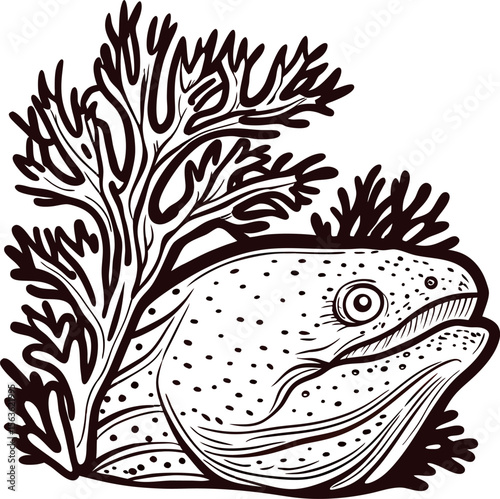 Detailed vintage engraving of a spotted moray eel hiding among coral branches in monochrome ink illustration