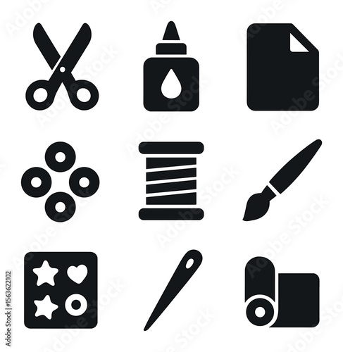Crafting Hobby Icons. Solid, filled icons set of crafting hobby birthday party: scissors, glue bottle, paper