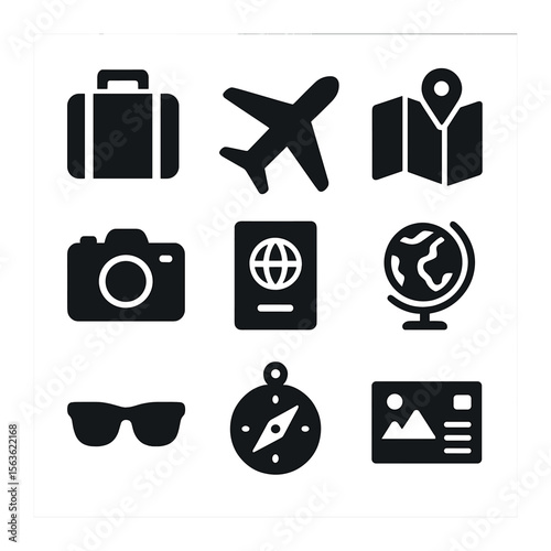 Travel Icon Set. Solid, filled icons set of travel hobby birthday party: suitcase, airplane, map, camera,