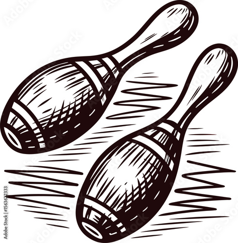 Hand drawn illustration of wooden maracas isolated vintage engraved musical percussion instrument sketch