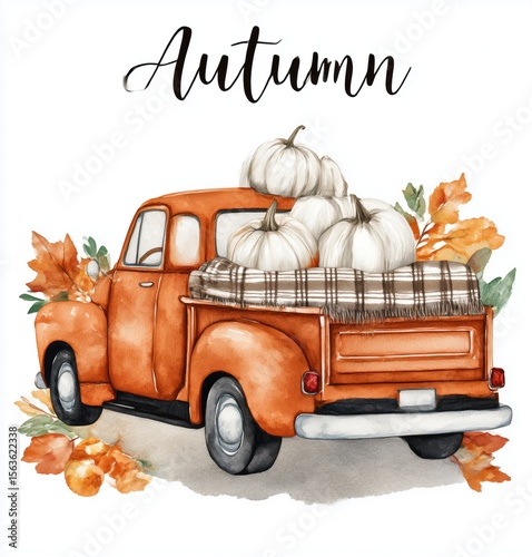 Truck is filled with pumpkins and leaves, and the word Autumn is written on it