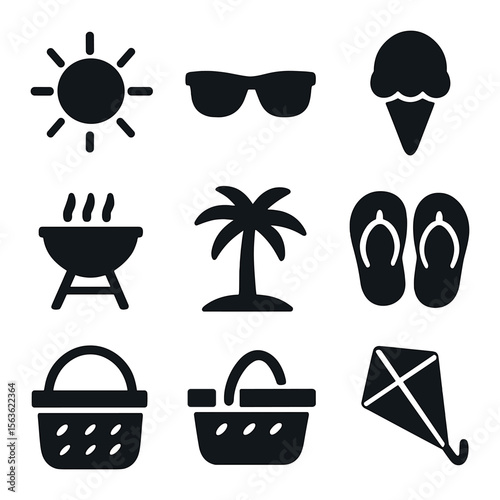 Summer Festival Icons. Solid, filled icons set of Summer festivals and outdoor shows: sun, sunglasses, beach
