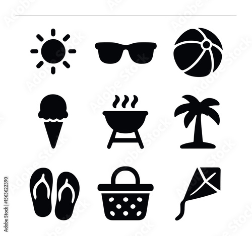 Summer Festival Icons. Solid, filled icons set of Summer festivals and outdoor shows: sun, sunglasses, beach