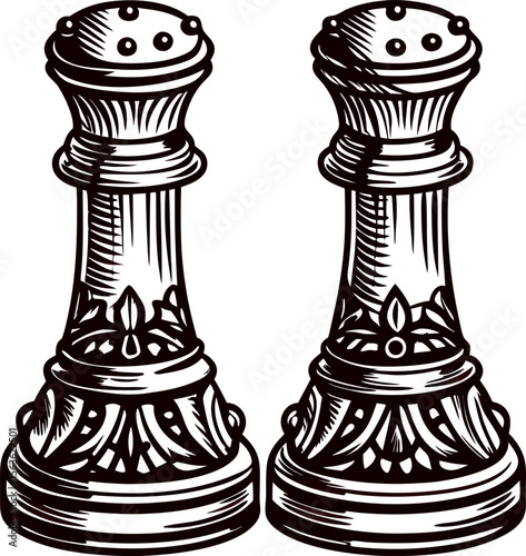 Intricately engraved vintage salt and pepper shakers isolated on white background, detailed hand drawn black ink illustration