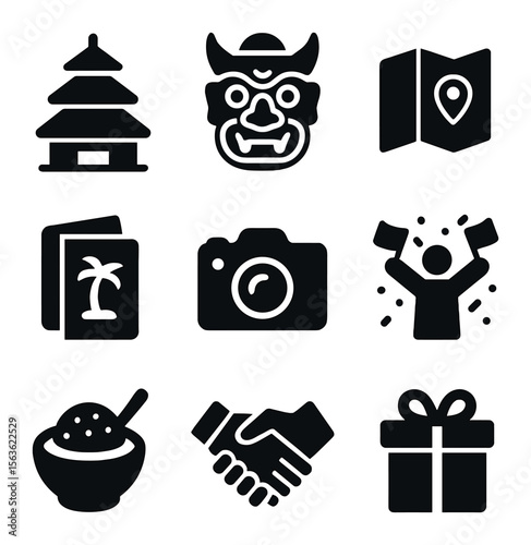Cultural Travel Icons. Solid, filled icons set of cultural travel experiences: temple, traditional mask, map,