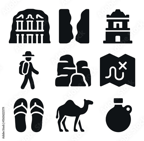 Petra Landmarks Icons. Solid, filled icons set of Petra landmarks: rock facade, narrow canyon, ancient tomb,
