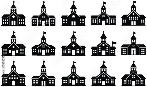 Black Silhouette School Building with Flag, Clock Tower, Triangular Roof, and Symmetrical Windows
